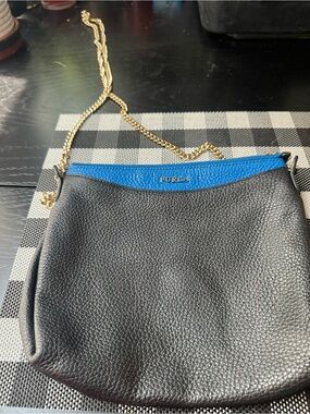 Furla Black Leather Crossbody with Bright Blue Trim & Gold Chain